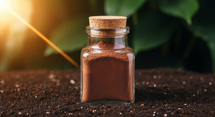 Sunlit jar with earthy powder on dark soil.