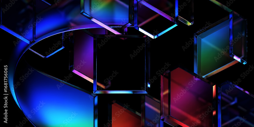 Poster abstract arrangement of iridescent cubes and curved lines against a dark background space