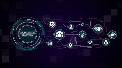 Animated graphic of social media strategy with teamwork and business connections. business technology virtual screen background. performance metrics, and business insights from large data sets - Powered by Adobe
