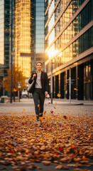 Stylish Businesswoman Walking on City Street in Autumn, Urban Skyscraper Background with Golden Light Reflections