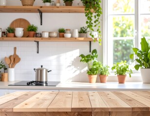 A light-filled kitchen countertop, showcasing a wooden surface against a blurred background of a bright, plant-filled interior.