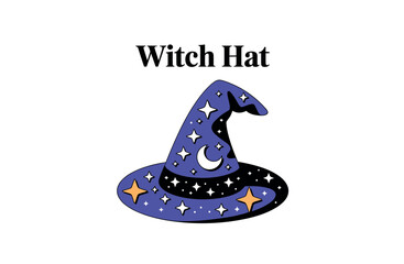 Cute Cartoon Witch Hat with Stars and Moon Design