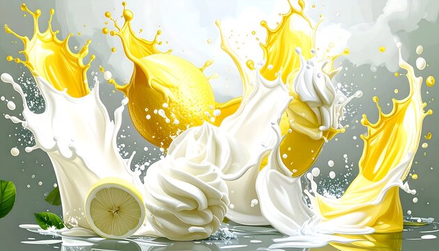 Dynamic splash art featuring vibrant yellow and white liquids, highlighting lemon slices and whipped cream, set against a muted gray backdrop.