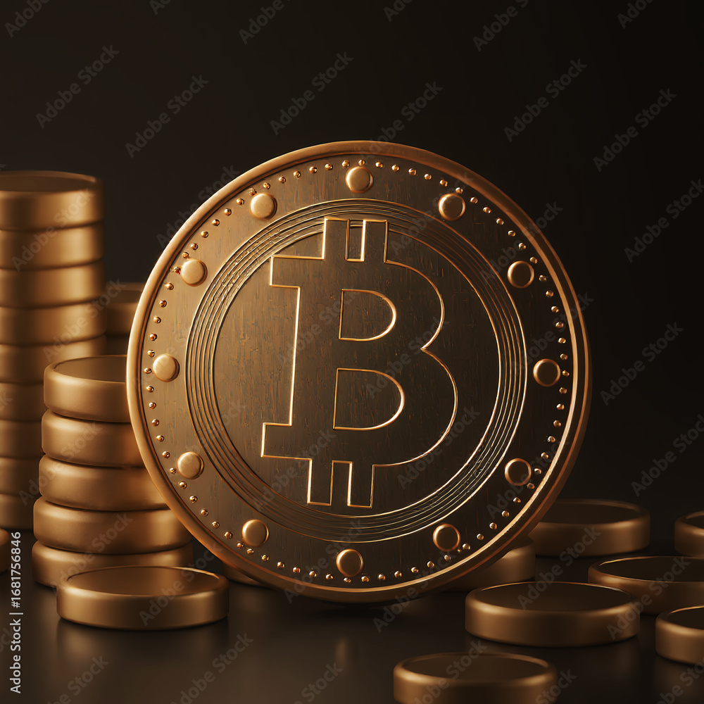 Poster close up of golden bitcoin coin with stacks of coins on a dark background in studio shot