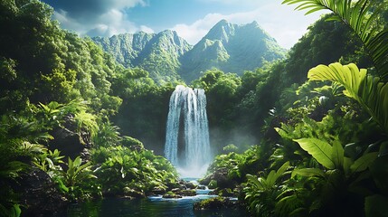 Glowing mushrooms and lush ferns frame a secret waterfall hidden deep within an enchanted, mystical forest setting.