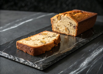 A closeup of delicious homemade chocolate cake on a plate next to slices of fresh white bread