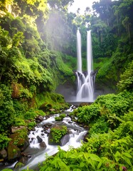 Lush greenery surrounds a cascading waterfall, bathed in the soft morning light.