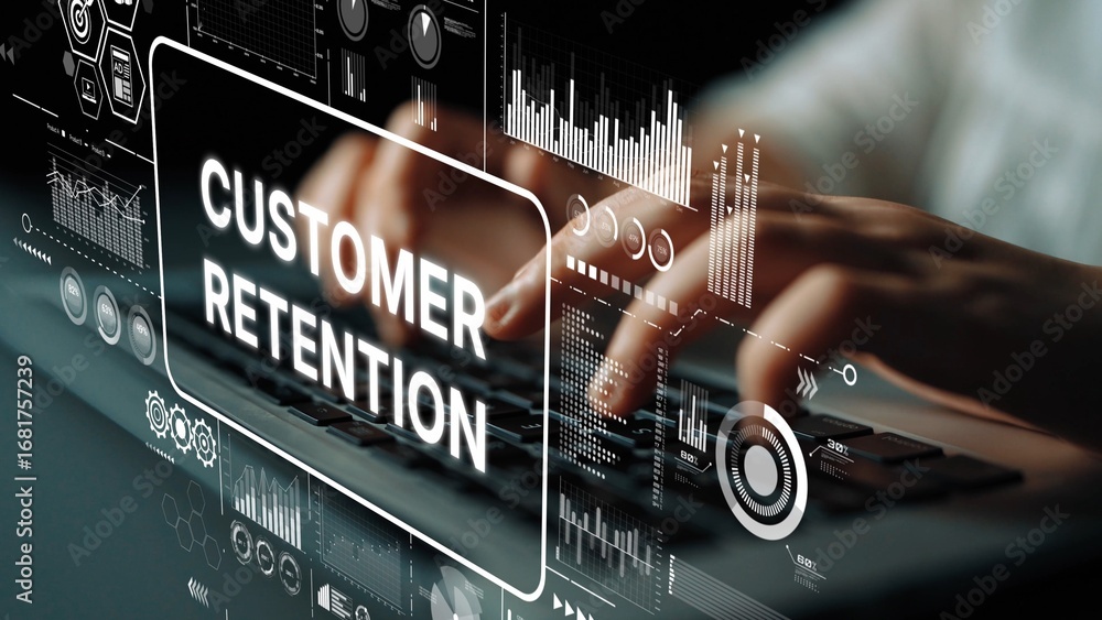 Poster hands typing on keyboard with digital interface focused on customer retention and data analytics in 