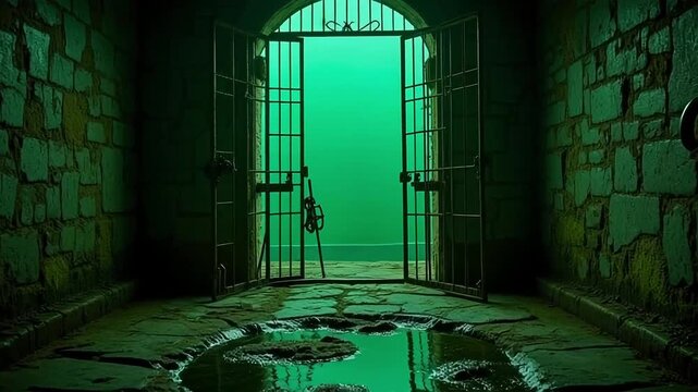 Eerie dungeon corridor with open gates revealing a mysterious green light and a lone figure, hinting at escape or entrapment.