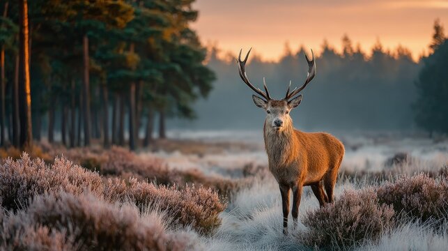 Majestic red deer stag in a frosty winter forest at sunrise - Powered by Adobe