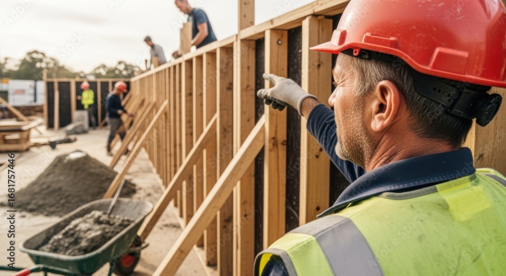 Poster overtheshoulder view of foreman inspecting hempcrete wall formwork alignment before casting highligh