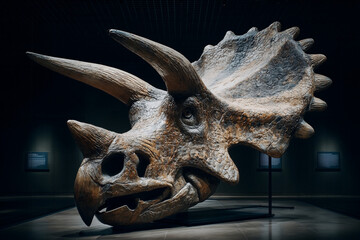 A large triceratops skull displayed in a dimly lit museum exhibit. Dinosaur museum.
