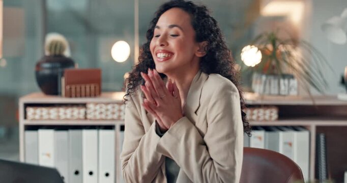 Happy, celebration and woman in office, laptop and investment deal with promotion, excited or bonus. Person, financial agency or consultant with pc, profit growth or achievement with success or smile