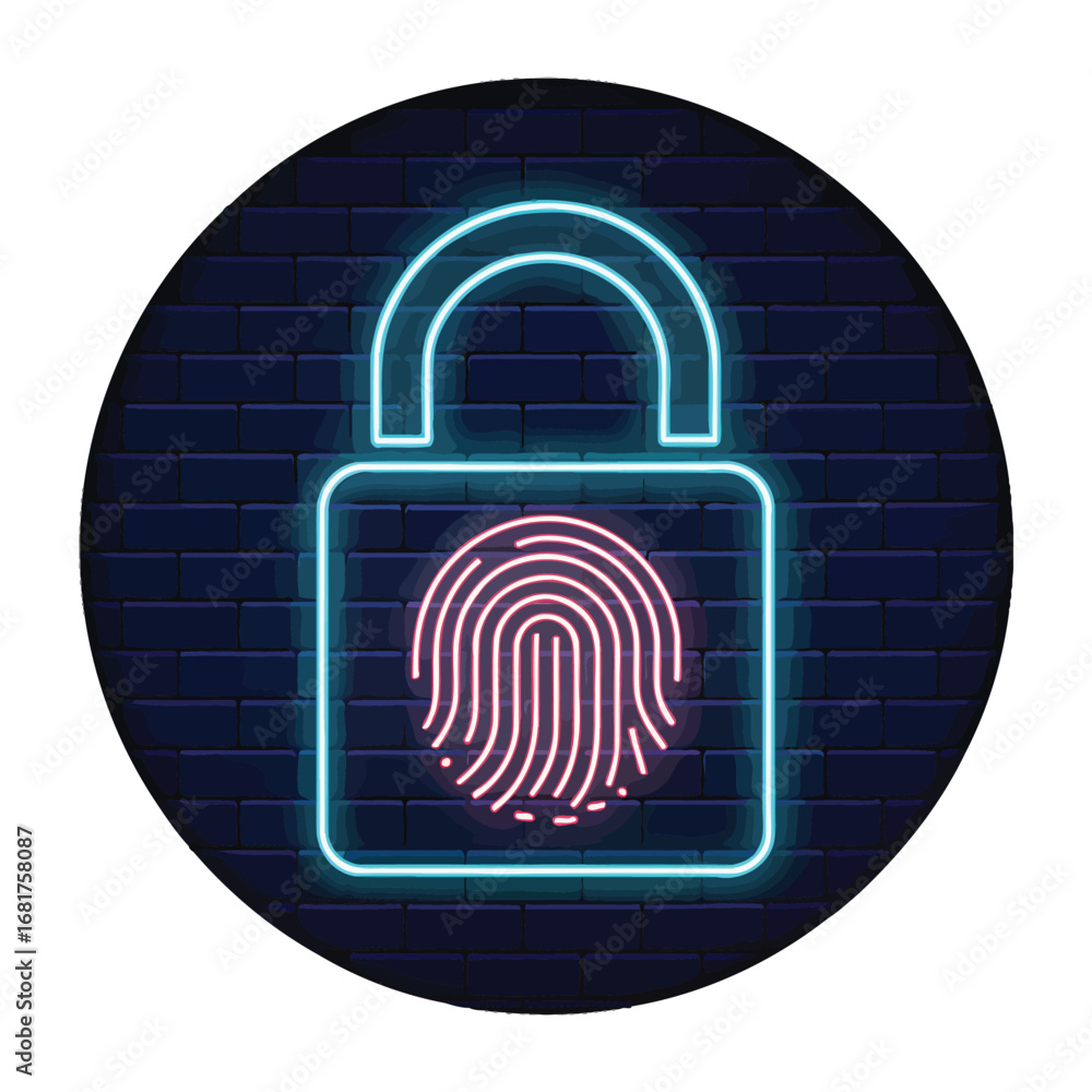 Poster neon lock icon with fingerprint symbol for digital security and data protection vector