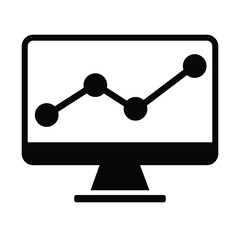 Analytics graph on computer monitor icon in black silhouette for business, data, and finance design