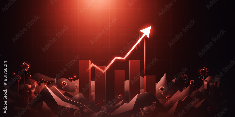 Aufkleber red illuminated graph with upward arrow and bar chart against a dark background scene
