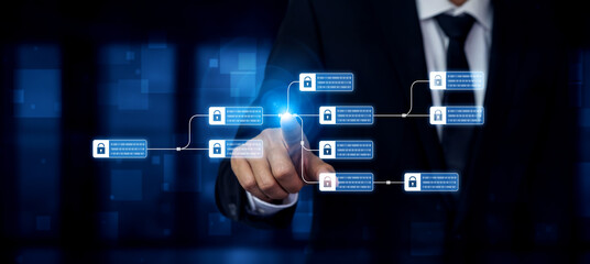 Blockchain structure showing distributed data blocks linked with encryption, representing secure transaction verification, decentralized control, and immutable record system Vouch