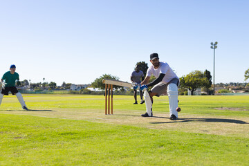 Diverse male players playing cricket on grassy pitch with bat, red ball, stumps, copy space