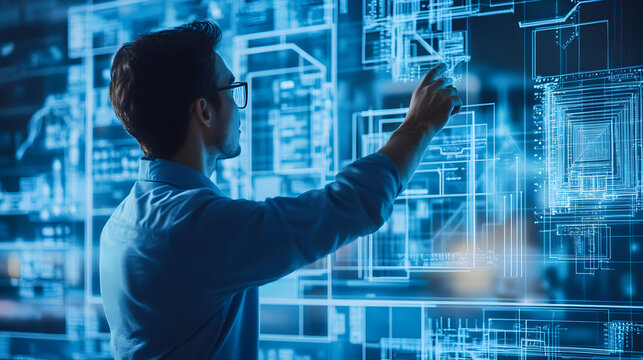 Man in blue shirt pointing at complex glowing blue technical drawings on a screen display