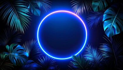 A vibrant display of tropical foliage surrounds a luminous, glowing blue circle, creating a captivating and evocative backdrop.
