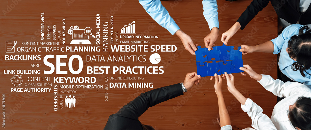 Poster a professional team gathers around a table, collaborating on an seo strategy, showcasing teamwork in