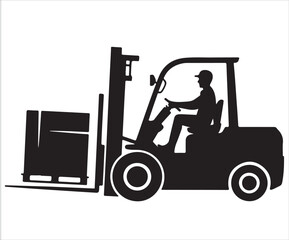 Silhouette of forklift truck with driver lifting cargo pallet isolated on white background symbolizing warehouse, logistics, industry, transportation, supply chain, and material handling concept
