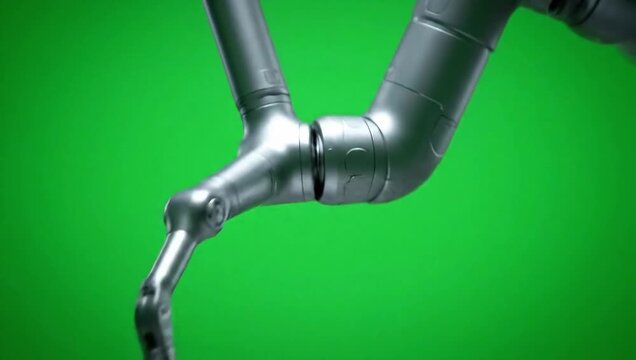 Surgical robotic manipulator sweeping and rotating with delicate precision under sterile studio lighting, isolated against clean green screen background, static cinematic shot for advanced technology 