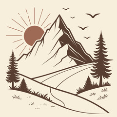 Obraz premium Serene Mountain Landscape: Vintage Line Art Illustration