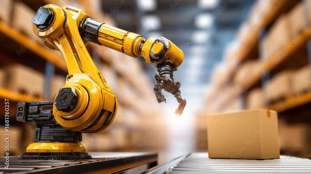 Poster medium shot of a robotic arm precisely placing items into packages on an automated assembly line hig