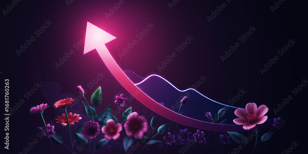 Poster an arrow pointing upwards with a graph line and flowers on a dark purple background art