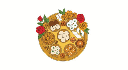 Traditional Navaratri Hindu Festival Festive Platter with Indian Sweets, Flowers, and Diya. Cultural Celebration Offering Illustration.