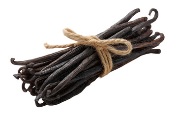 gourmet vanilla beans tied with twine, aromatic and rich isolated on white background