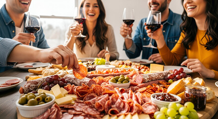 A group of friends enjoys a delicious charcuterie board, savoring wine and appetizers.