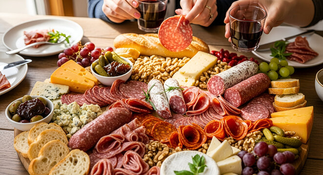 A colorful and diverse charcuterie board showcasing a variety of cheeses, cured meats, fruits, and breads, arranged artistically on a wooden surface.