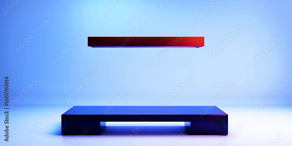 Aufkleber minimalist render featuring a red rectangle floating above a blue rectangular platform