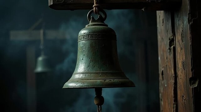 Ancient bronze bell hangs ominously, invoking historical resonance and dramatic atmosphere with a sense of foreboding.