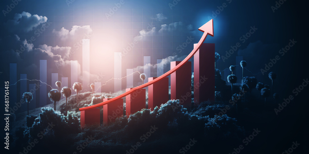 Aufkleber a red arrow pointing upwards over a bar graph in a surreal landscape with trees and clouds
