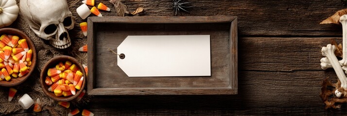 Spooky Halloween scene with vintage wooden frame, skull, and scattered candy corn against rustic weathered wooden background