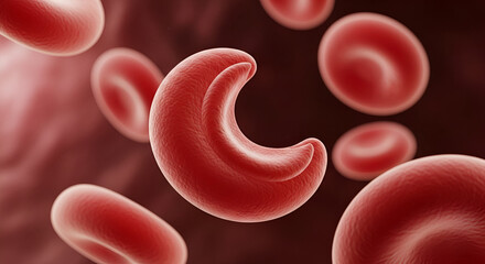 Fototapeta premium Close-up view of abnormal red blood cells, showcasing their unique crescent shape against a backdrop of healthy, circular red blood cells.