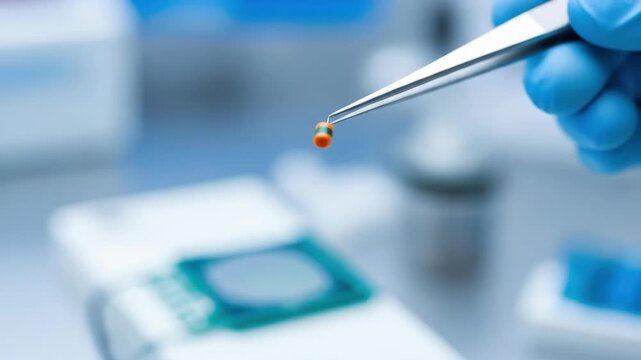 Close-up of gloved hand holding capacitor with tweezers in laboratory for technology research and science.