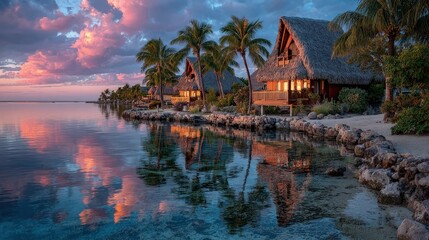 Fototapeta premium Tropical beach huts at sunset, reflected in calm water