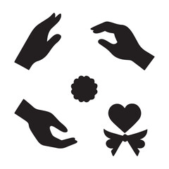 Obraz premium Four black silhouette hands gesturing around a heart and flower icon