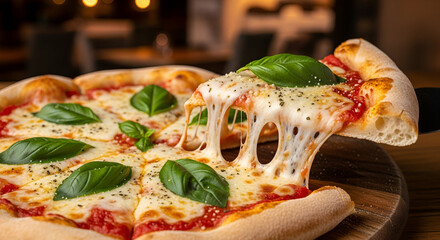 A delectable pizza slice is being served, showcasing melted mozzarella cheese dripping down the side.