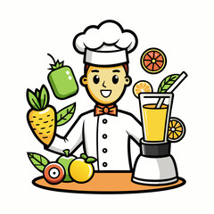 Creative smoothie chef logo with fruits blending into hat outline, healthy juice bar emblem, organic drink shop branding vector design