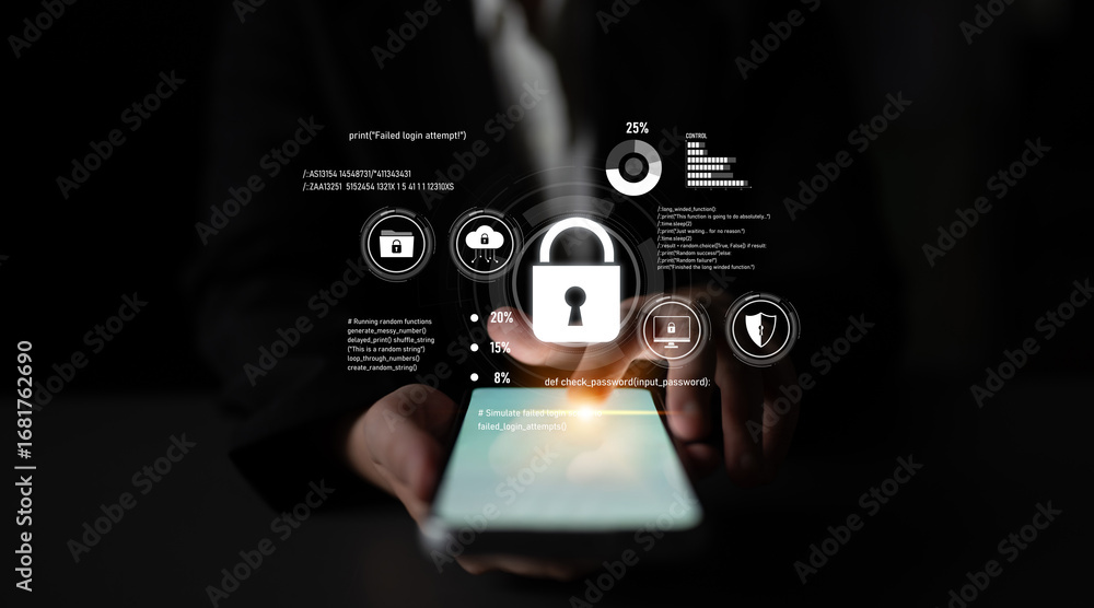 Poster cyber security protects against breaches, hacks, and network attacks using strong infrastructure and