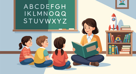 Adobe illustrator artwork vector illustration of a teacher reading with a group of diverse children surrounded by books, fostering a love for learning and reading