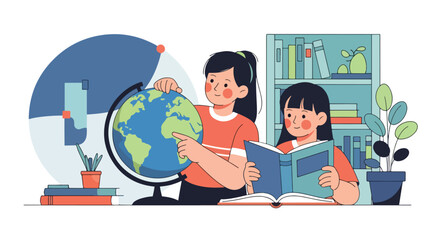 Flat style illustration of children studying geography with a globe and book in a classroom, promoting education, learning, discovery, and global knowledge