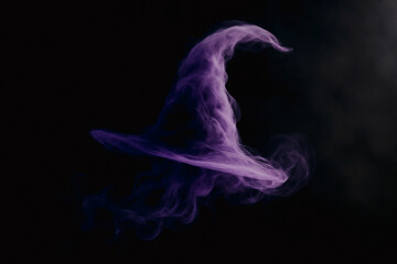 Floating purple witch hat surrounded by mystical smoke on dark background  