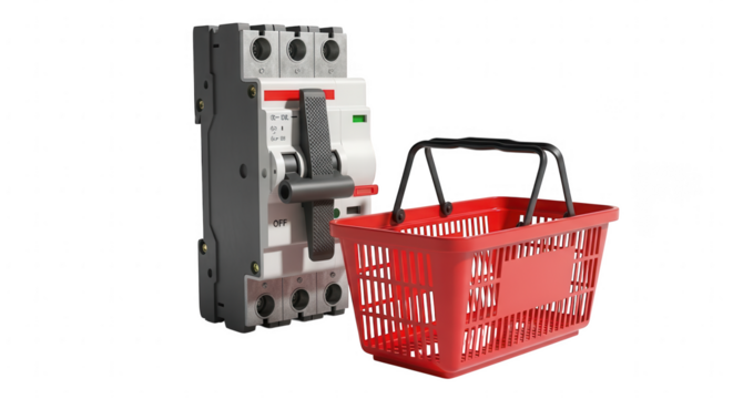 Circuit breaker with red shopping basket isolated on transparent background