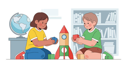 Flat style illustration of children building a rocket with toy blocks in a classroom, encouraging creativity, teamwork, STEM learning, and imagination through play